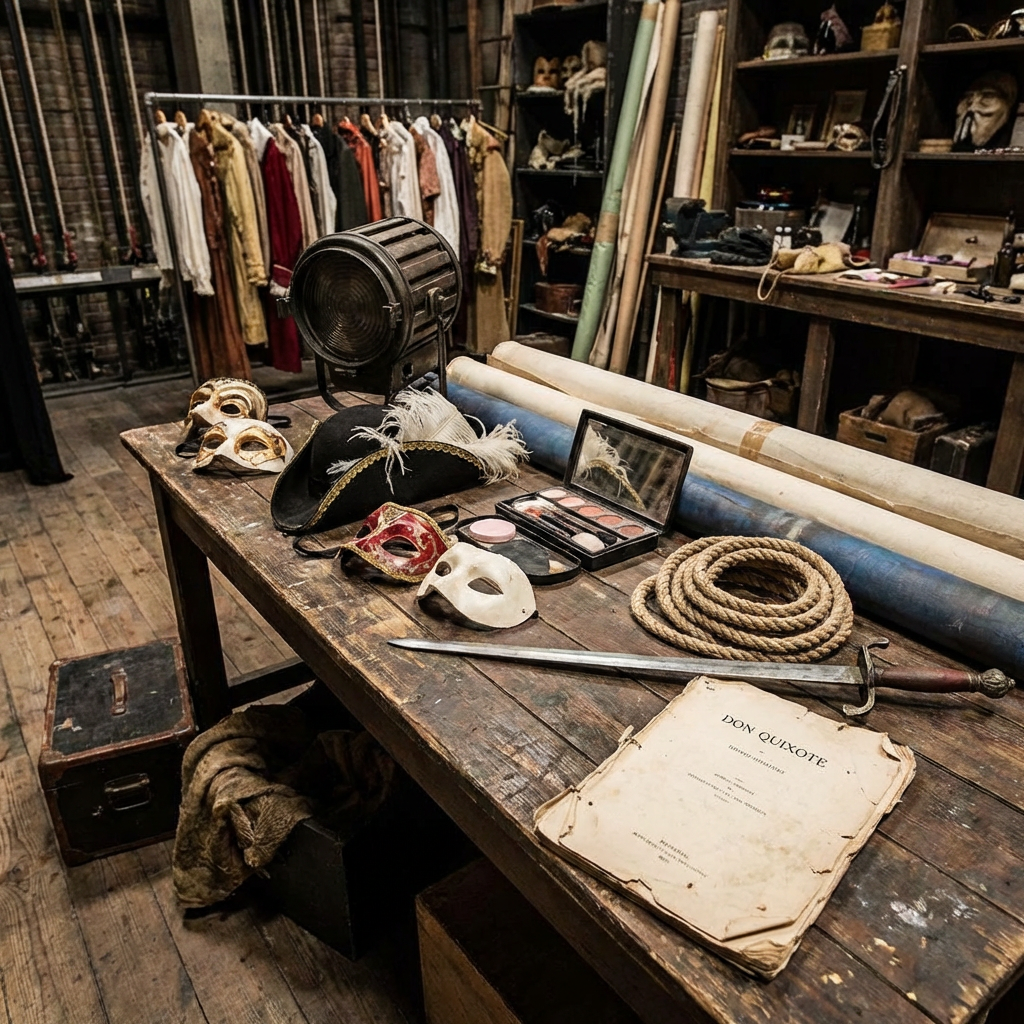 Theater props including masks, a sword, and a script on a wooden table backstage.
