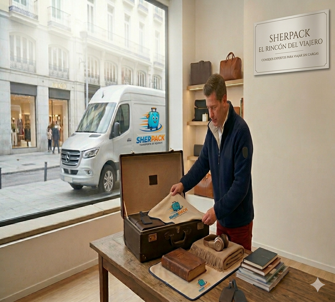 Hombre organizando una maleta en una tienda de SHERPACK, con un vehículo de la empresa visible a través de la ventana.
