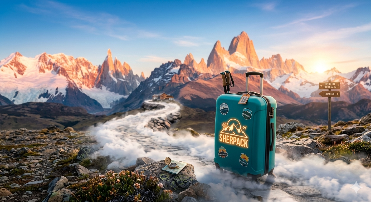 Maleta Sherpack en un paisaje montañoso al amanecer, con picos nevados y un camino de piedras. A la izquierda, un refugio y un cartel señalando direcciones.