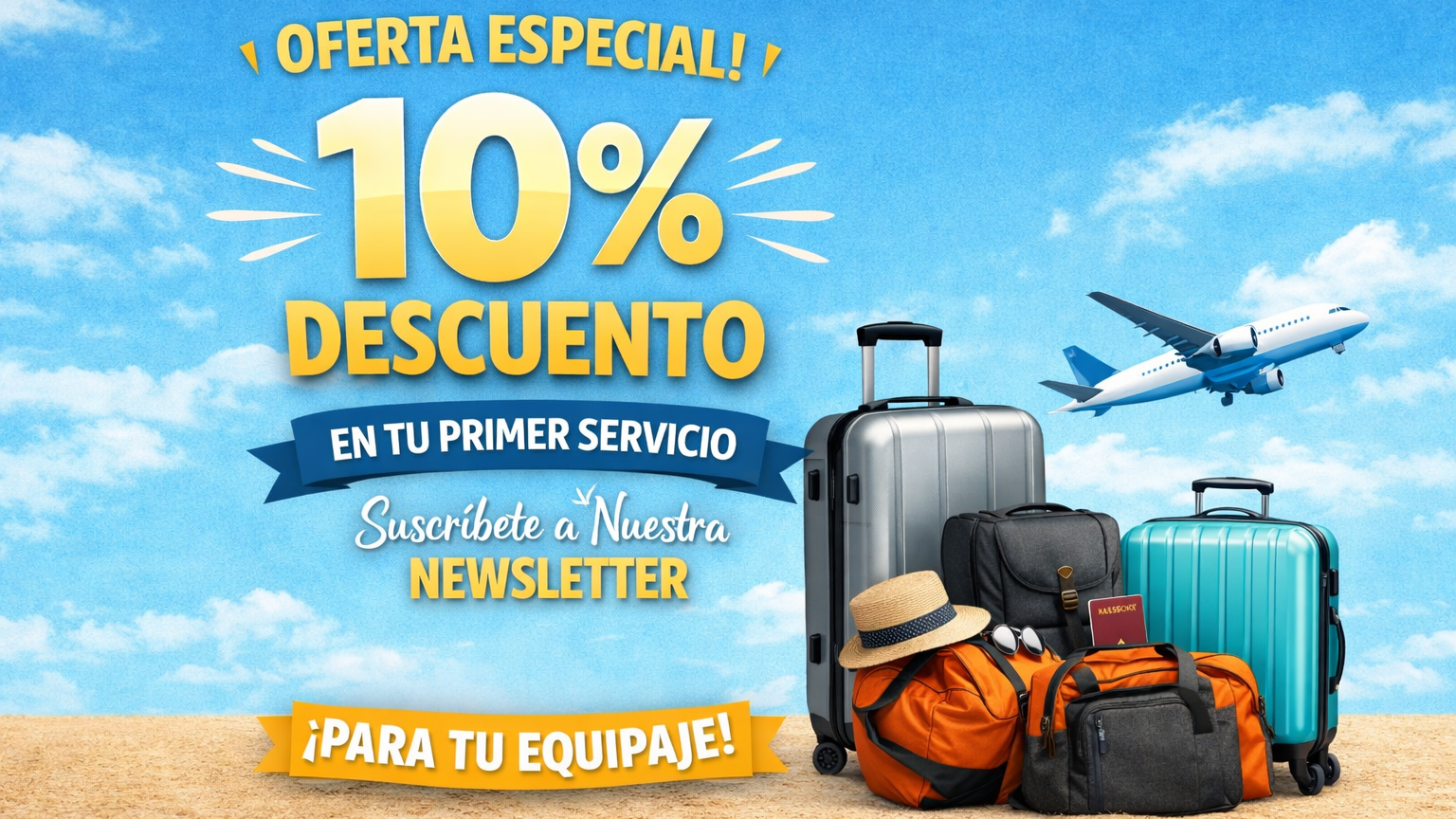 Special discount for first-time luggage service 10% discount special offer for first luggage service with travel bags and airplane
