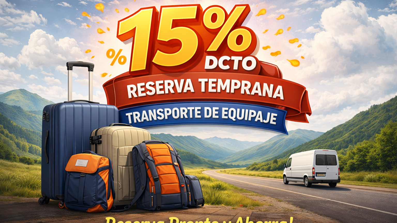 Special discount for first-time luggage service 15% off early booking luggage transport discount advertisement